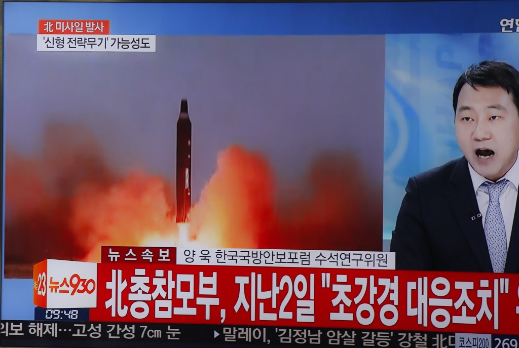 epa05832269 A tv displays a news broadcast reporting on North Korea test-firing ballistic missiles, at a station in Seoul, South Korea, 06 March 2017. According to reports quoting South Korea's military, North Korea has test-fired multiple missiles on 06 March 2017, from a missile base located in Tongchang-ri region, near the border with China. It was not immediately known the exact number or type of missiles being fired. The projectiles reportedly flew some 1,000 km towards the Sea of Japan, the South Korean military added. Japanese Prime Minister Shinzo Abe commented the incident saying that three of four ballistic missiles landed in Japanese exclusive economic zone (EEZ), media said. North Korea is under tough UN sanctions following its recent nuclear and missile tests at a moment of great tension in the Korean peninsula. EPA/KIM HEE-CHUL
